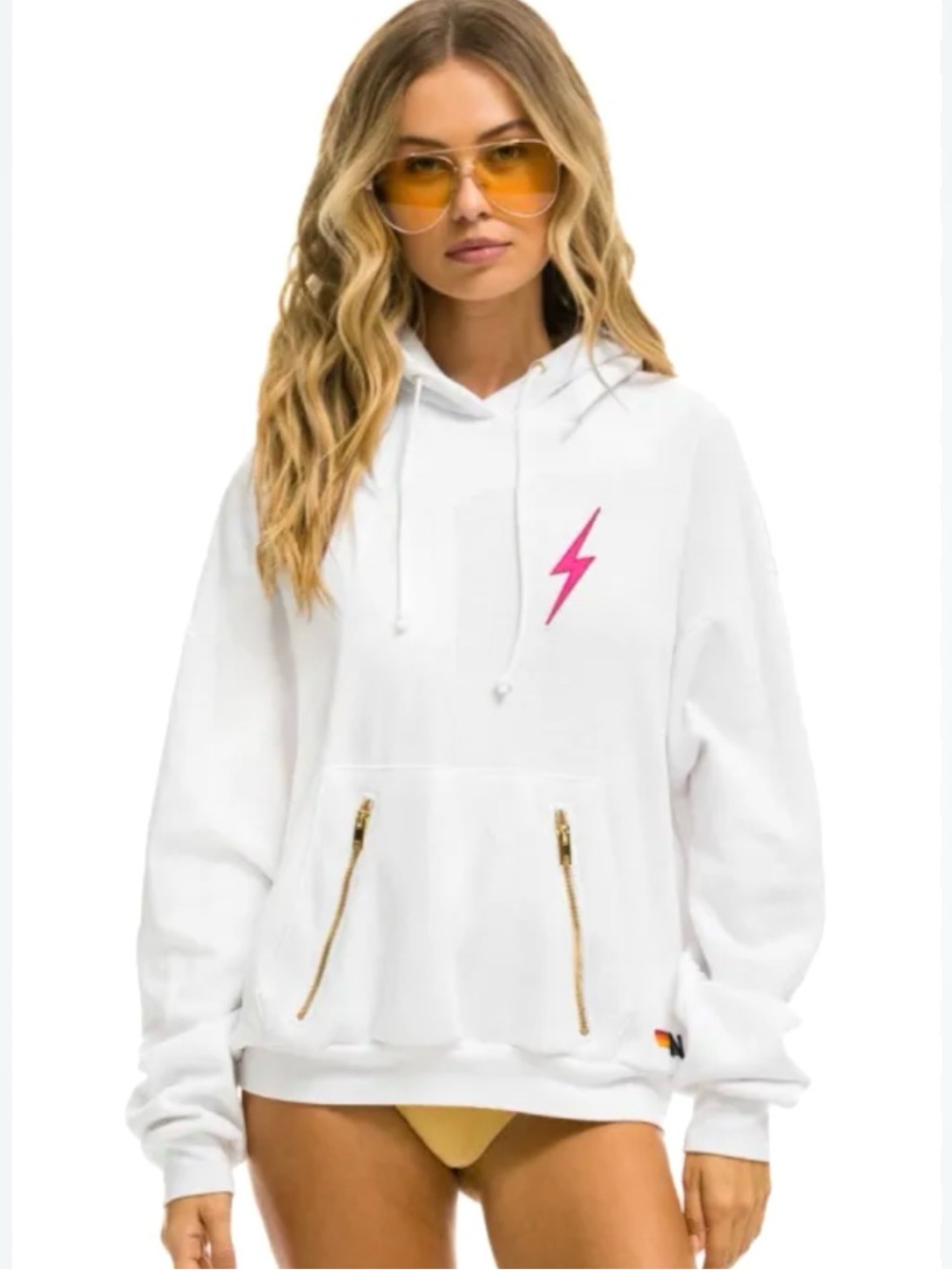 Aviator Nation White with Neon Pink Bolt Pullover Hoodie Sweatshirt Size Large